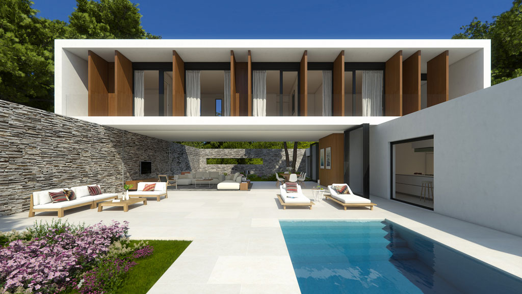Villa Wow de 08023 Arquitectos. Una casa sin límites con la naturaleza. Vista exterior en detalle de las terrazas y la piscina